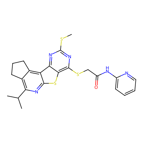 2-((4-isopropyl-9-(methylthio)-2,3-dihydro-1H-cyclopenta[4',5']pyrido[3',2':4,5]thieno[3,2-d]pyrimidin-7-yl)thio)-N-(pyridin-2-yl)acetamide structure