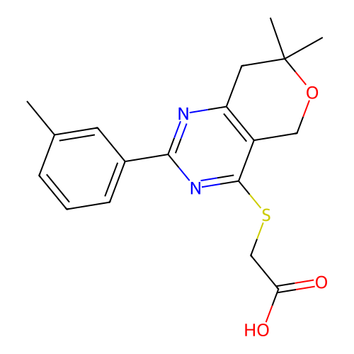 2-((7,7-dimethyl-2-(m-tolyl)-7,8-dihydro-5H-pyrano[4,3-d]pyrimidin-4-yl)thio)acetic acid structure