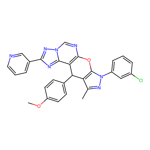 8-(3-chlorophenyl)-11-(4-methoxyphenyl)-10-methyl-2-(pyridin-3-yl)-8,11-dihydropyrazolo[4',3':5,6]pyrano[3,2-e][1,2,4]triazolo[1,5-c]pyrimidine structure