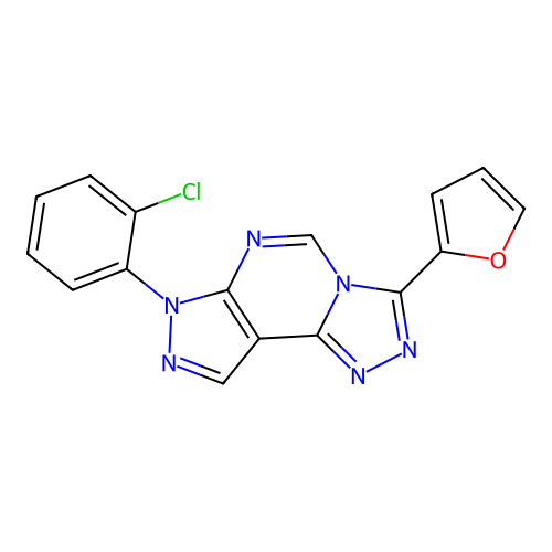 2-[3-(2-chlorophenyl)-6-hydropyrazolo[5,4-d]1,2,4-triazolo[4,5-e]pyrimidin-7-y l]furan structure