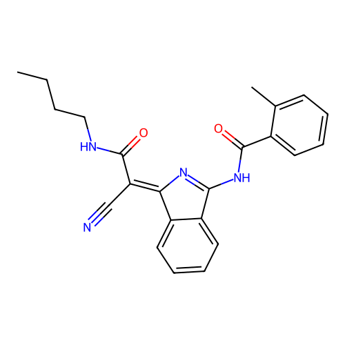 (Z)-N-(1-(2-(butylamino)-1-cyano-2-oxoethylidene)-1H-isoindol-3-yl)-2-methylbenzamide structure