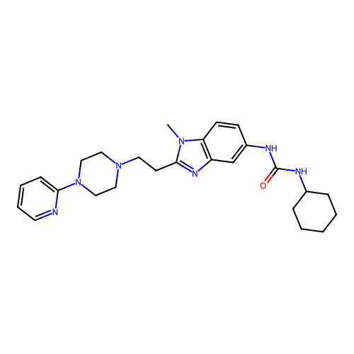 1-cyclohexyl-3-(1-methyl-2-{2-[4-(pyridin-2-yl)piperazin-1-yl]ethyl}-1H-benzimidazol-5-yl)urea structure
