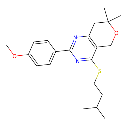4-(isopentylthio)-2-(4-methoxyphenyl)-7,7-dimethyl-7,8-dihydro-5H-pyrano[4,3-d]pyrimidine structure