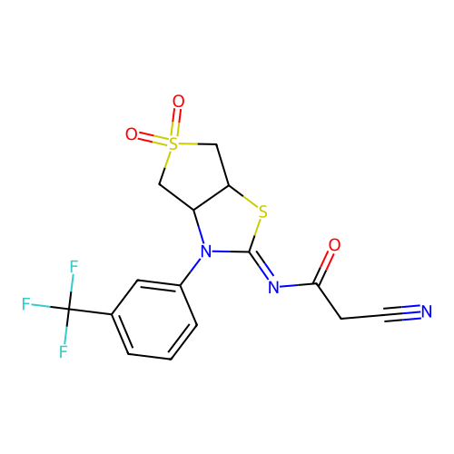 (Z)-2-cyano-N-(5,5-dioxido-3-(3-(trifluoromethyl)phenyl)tetrahydrothieno[3,4-d]thiazol-2(3H)-ylidene)acetamide structure