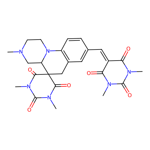 8'-[(1,3-dimethyl-2,4,6-trioxo-1,3-diazinan-5-ylidene)methyl]-1,3,3'-trimethylspiro[1,3-diazinane-5,5'-2,4,4a,6-tetrahydro-1H-pyrazino[1,2-a]quinoline]-2,4,6-trione structure