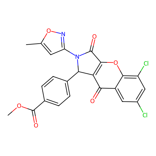 methyl 4-(5,7-dichloro-2-(5-methylisoxazol-3-yl)-3,9-dioxo-1,2,3,9-tetrahydrochromeno[2,3-c]pyrrol-1-yl)benzoate structure