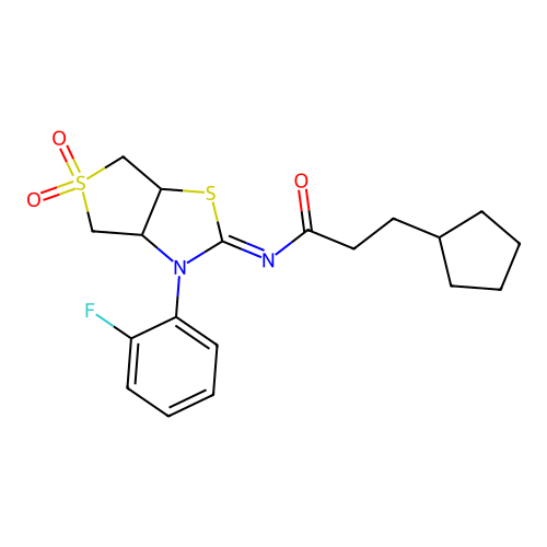 3-cyclopentyl-N-[3-(2-fluorophenyl)-5,5-dioxo-3a,4,6,6a-tetrahydrothieno[3,4-d][1,3]thiazol-2-ylidene]propanamide structure