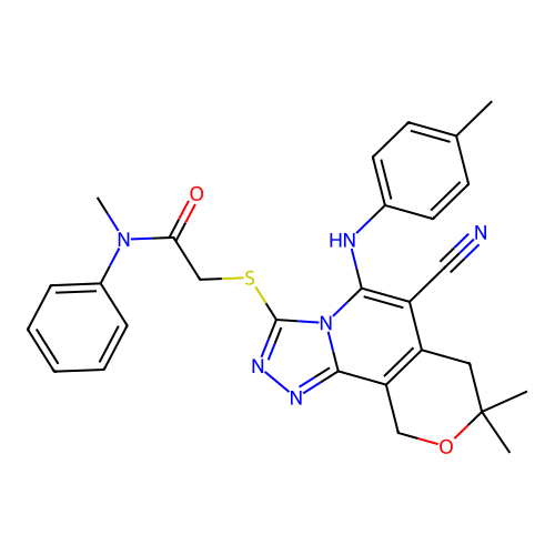 2-((6-cyano-8,8-dimethyl-5-(p-tolylamino)-8,10-dihydro-7H-pyrano[3,4-c][1,2,4]triazolo[4,3-a]pyridin-3-yl)thio)-N-methyl-N-phenylacetamide structure