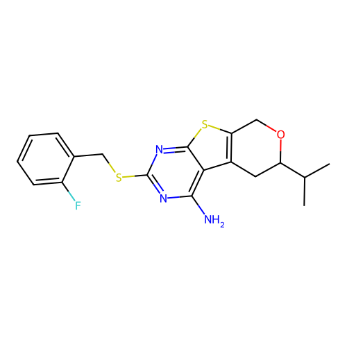 2-((2-fluorobenzyl)thio)-6-isopropyl-6,8-dihydro-5H-pyrano[4',3':4,5]thieno[2,3-d]pyrimidin-4-amine structure