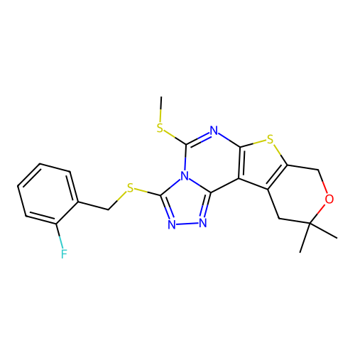 3-((2-fluorobenzyl)thio)-10,10-dimethyl-5-(methylthio)-10,11-dihydro-8H-pyrano[4',3':4,5]thieno[3,2-e][1,2,4]triazolo[4,3-c]pyrimidine structure