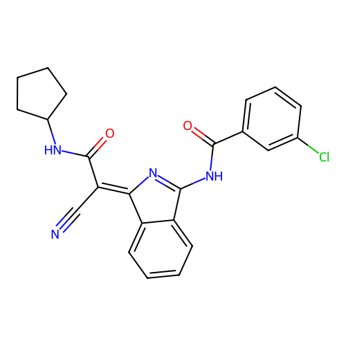 3-chloro-N-[(3Z)-3-[1-cyano-2-(cyclopentylamino)-2-oxoethylidene]isoindol-1-yl]benzamide structure