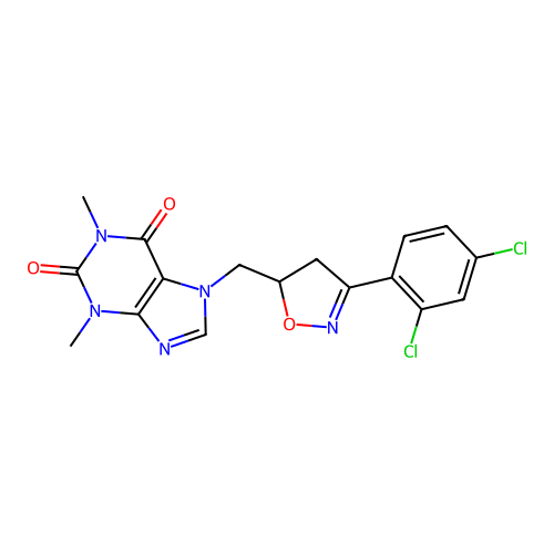 7-((3-(2,4-dichlorophenyl)-4,5-dihydroisoxazol-5-yl)methyl)-1,3-dimethyl-1H-purine-2,6(3H,7H)-dione structure