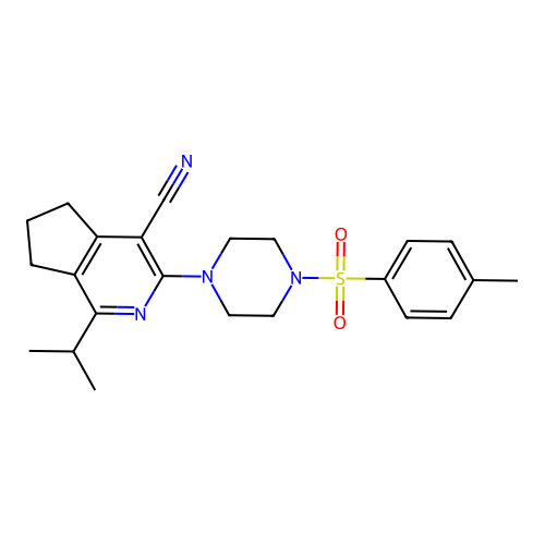 1-isopropyl-3-(4-tosylpiperazin-1-yl)-6,7-dihydro-5H-cyclopenta[c]pyridine-4-carbonitrile structure
