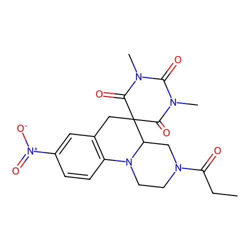 1',3'-dimethyl-8-nitro-3-propanoyl-2,3,4,4a-tetrahydro-1H,2'H,6H-spiro[pyrazino[1,2-a]quinoline-5,5'-pyrimidine]-2',4',6'(1'H,3'H)-trione structure