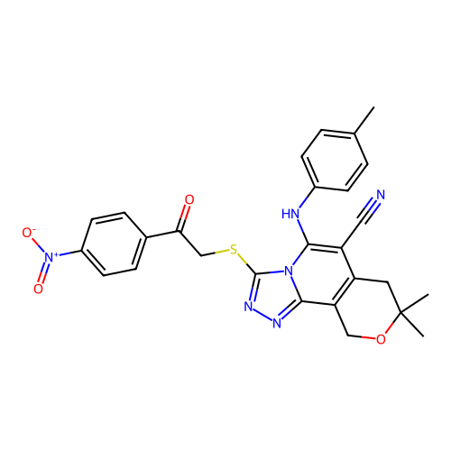 8,8-dimethyl-3-((2-(4-nitrophenyl)-2-oxoethyl)thio)-5-(p-tolylamino)-8,10-dihydro-7H-pyrano[3,4-c][1,2,4]triazolo[4,3-a]pyridine-6-carbonitrile structure