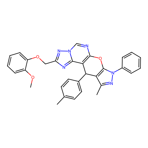 2-((2-methoxyphenoxy)methyl)-10-methyl-8-phenyl-11-(p-tolyl)-8,11-dihydropyrazolo[4',3':5,6]pyrano[3,2-e][1,2,4]triazolo[1,5-c]pyrimidine structure