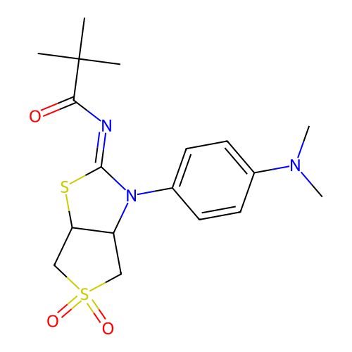 N-[(2Z)-3-[4-(dimethylamino)phenyl]-5,5-dioxidotetrahydrothieno[3,4-d][1,3]thiazol-2(3H)-ylidene]-2,2-dimethylpropanamide structure