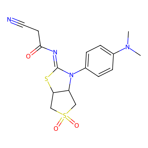(Z)-2-cyano-N-(3-(4-(dimethylamino)phenyl)-5,5-dioxidotetrahydrothieno[3,4-d]thiazol-2(3H)-ylidene)acetamide structure