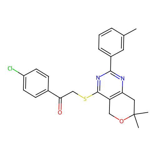 1-(4-chlorophenyl)-2-((7,7-dimethyl-2-(m-tolyl)-7,8-dihydro-5H-pyrano[4,3-d]pyrimidin-4-yl)thio)ethanone structure