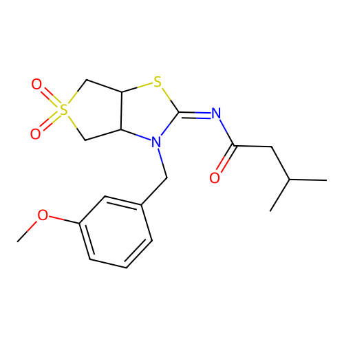 (Z)-N-(3-(3-methoxybenzyl)-5,5-dioxidotetrahydrothieno[3,4-d]thiazol-2(3H)-ylidene)-3-methylbutanamide structure