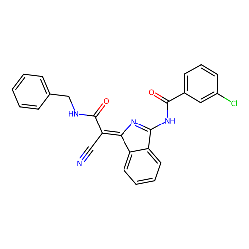 N-[3-(benzylcarbamoyl-cyano-methylidene)isoindol-1-yl]-3-chloro-benzamide structure