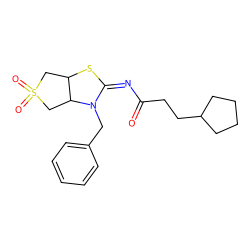 N-[(2Z)-3-benzyl-5,5-dioxidotetrahydrothieno[3,4-d][1,3]thiazol-2(3H)-ylidene]-3-cyclopentylpropanamide structure