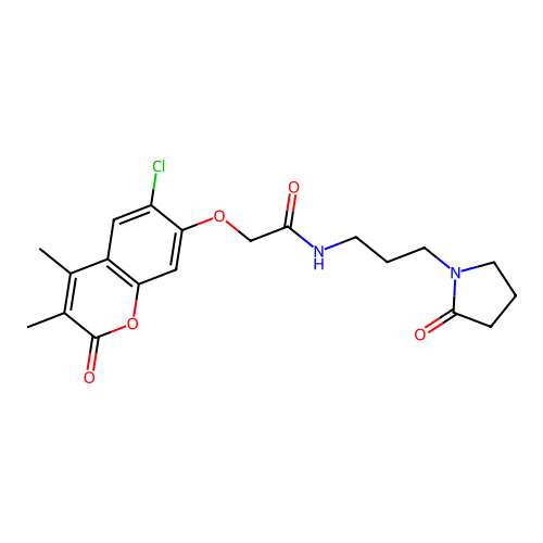 2-(6-chloro-3,4-dimethyl-2-oxochromen-7-yl)oxy-N-[3-(2-oxopyrrolidin-1-yl)propyl]acetamide structure