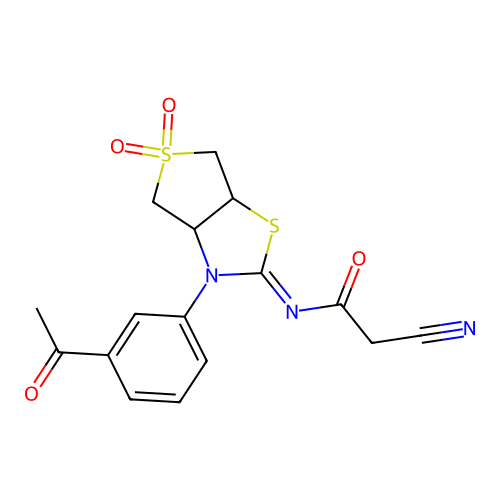 (Z)-N-(3-(3-acetylphenyl)-5,5-dioxidotetrahydrothieno[3,4-d]thiazol-2(3H)-ylidene)-2-cyanoacetamide structure