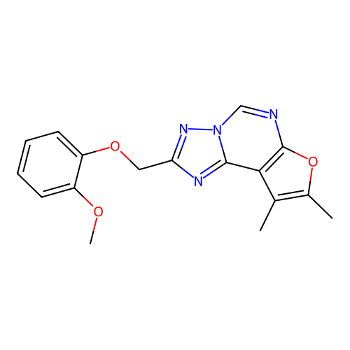 2-((2-methoxyphenoxy)methyl)-8,9-dimethylfuro[3,2-e][1,2,4]triazolo[1,5-c]pyrimidine structure