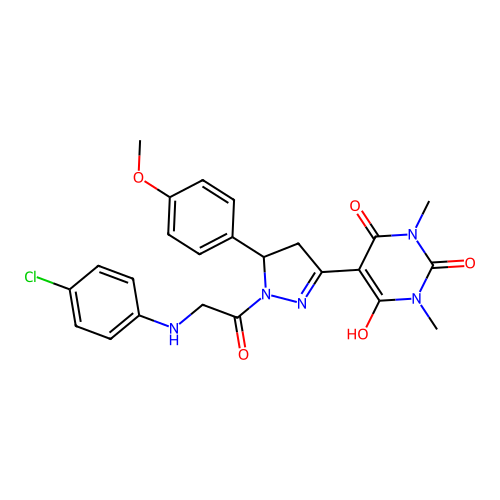 5-(1-(2-((4-chlorophenyl)amino)acetyl)-5-(4-methoxyphenyl)pyrazolidin-3-ylidene)-1,3-dimethylpyrimidine-2,4,6(1H,3H,5H)-trione structure