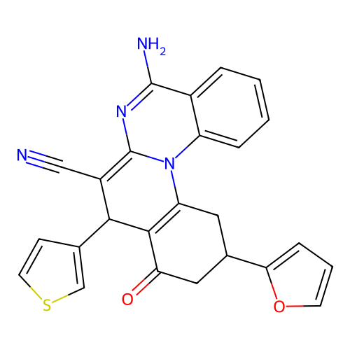 5-amino-11-(furan-2-yl)-9-oxo-8-(thiophen-3-yl)-9,10,11,12-tetrahydro-8H-quino[1,2-a]quinazoline-7-carbonitrile structure