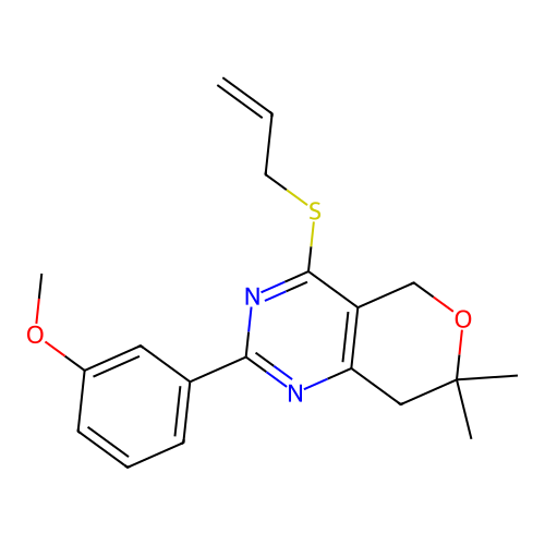 2-(3-methoxyphenyl)-7,7-dimethyl-4-prop-2-enylsulfanyl-5,8-dihydropyrano[4,3-d]pyrimidine structure