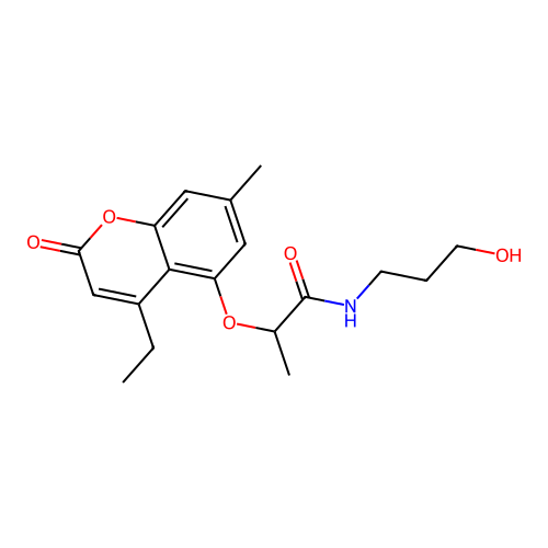 2-((4-ethyl-7-methyl-2-oxo-2H-chromen-5-yl)oxy)-N-(3-hydroxypropyl)propanamide structure