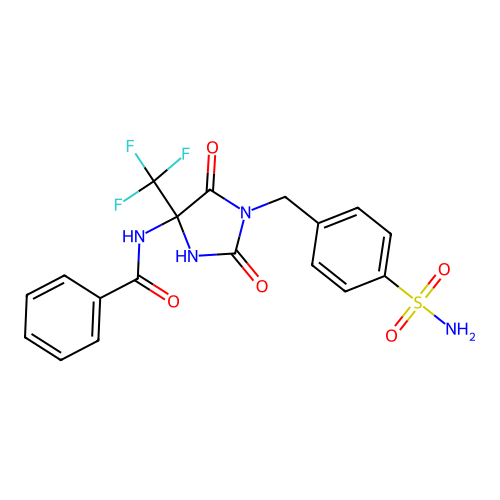 N-[2,5-dioxo-1-[(4-sulfamoylphenyl)methyl]-4-(trifluoromethyl)imidazolidin-4-yl]benzamide structure