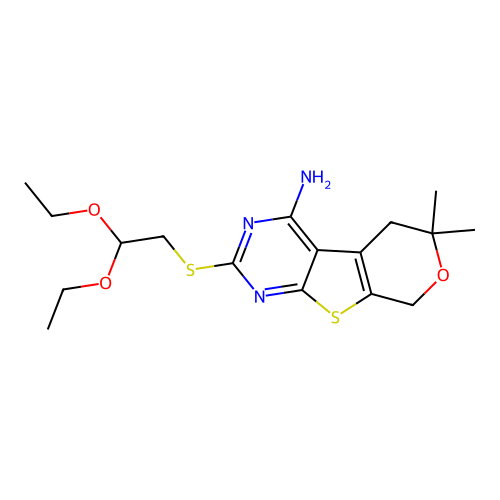 2-((2,2-diethoxyethyl)thio)-6,6-dimethyl-6,8-dihydro-5H-pyrano[4',3':4,5]thieno[2,3-d]pyrimidin-4-amine structure