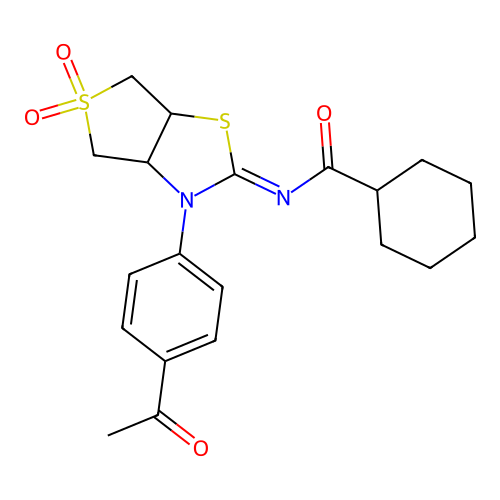 (Z)-N-(3-(4-acetylphenyl)-5,5-dioxidotetrahydrothieno[3,4-d]thiazol-2(3H)-ylidene)cyclohexanecarboxamide structure