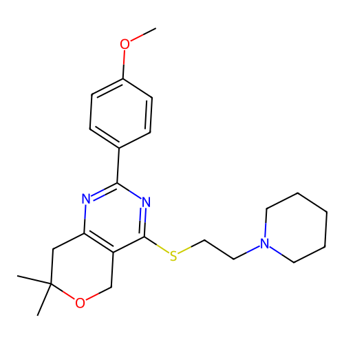 2-(4-methoxyphenyl)-7,7-dimethyl-4-((2-(piperidin-1-yl)ethyl)thio)-7,8-dihydro-5H-pyrano[4,3-d]pyrimidine structure