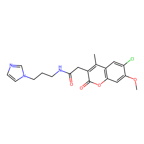 2-(6-chloro-7-methoxy-4-methyl-2-oxochromen-3-yl)-N-(3-imidazol-1-ylpropyl)acetamide structure