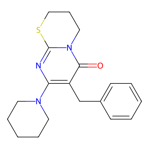 7-benzyl-8-(piperidin-1-yl)-3,4-dihydro-2H,6H-pyrimido[2,1-b][1,3]thiazin-6-one structure