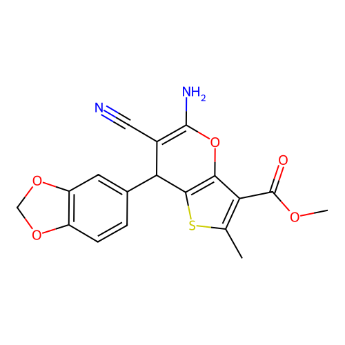 methyl 5-amino-7-(1,3-benzodioxol-5-yl)-6-cyano-2-methyl-7H-thieno[3,2-b]pyran-3-carboxylate structure