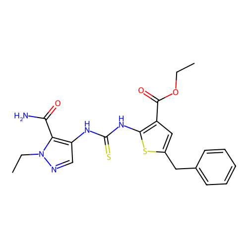 ethyl 2-({[(5-carbamoyl-1-ethylpyrazol-4-yl)amino]thioxomethyl}amino)-5-benzyl thiophene-3-carboxylate structure