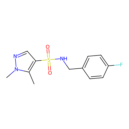 N-[(4-fluorophenyl)methyl]-1,5-dimethylpyrazole-4-sulfonamide structure