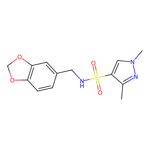 N-(1,3-benzodioxol-5-ylmethyl)-1,3-dimethylpyrazole-4-sulfonamide structure