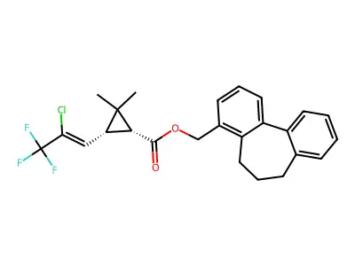 trans-6-tricyclo[9.4.0.02,7]pentadeca-1(15),2,4,6,11,13-hexaenylmethyl (1R,3R)-3-(2-chloro-3,3,3-trifluoroprop-1-enyl)-2,2-dimethylcyclopropane-1-carboxylate structure