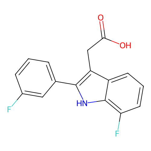 2-[7-fluoro-2-(3-fluorophenyl)-1H-indol-3-yl]acetic acid structure