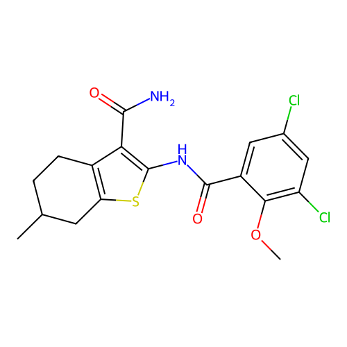 2-(3,5-dichloro-2-methoxybenzamido)-6-methyl-4,5,6,7-tetrahydrobenzo[b]thiophene-3-carboxamide structure