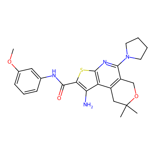 1-amino-N-(3-methoxyphenyl)-8,8-dimethyl-5-(pyrrolidin-1-yl)-8,9-dihydro-6H-pyrano[4,3-d]thieno[2,3-b]pyridine-2-carboxamide structure
