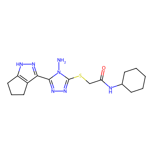 2-((4-amino-5-(1,4,5,6-tetrahydrocyclopenta[c]pyrazol-3-yl)-4H-1,2,4-triazol-3-yl)thio)-N-cyclohexylacetamide structure
