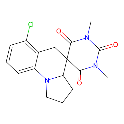 6'-chloro-1,3-dimethyl-1',2',3',3a'-tetrahydro-2H,5'H-spiro[pyrimidine-5,4'-pyrrolo[1,2-a]quinoline]-2,4,6(1H,3H)-trione structure