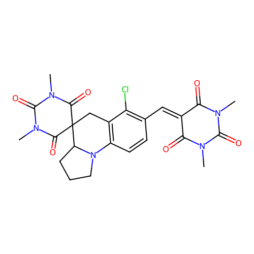 6'-chloro-7'-((1,3-dimethyl-2,4,6-trioxotetrahydropyrimidin-5(2H)-ylidene)methyl)-1,3-dimethyl-2',3',3a',5'-tetrahydro-1H,1'H-spiro[pyrimidine-5,4'-pyrrolo[1,2-a]quinoline]-2,4,6(3H)-trione structure